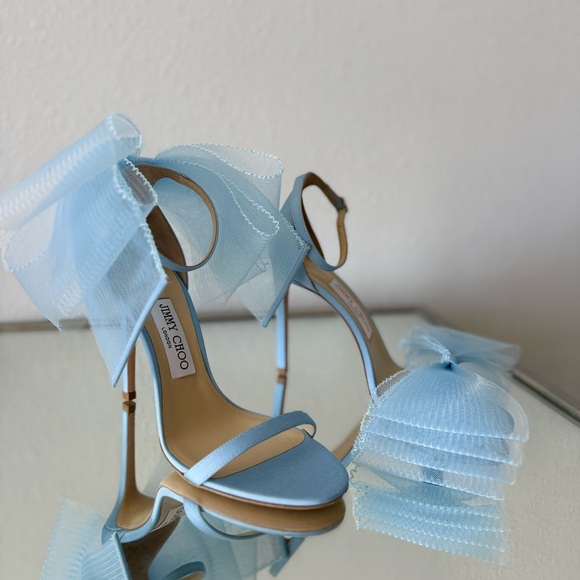 New Jimmy Choo Blue Aveline 100 Bow-trimmed Sandals $1,195 37.5 - Picture 12 of 13